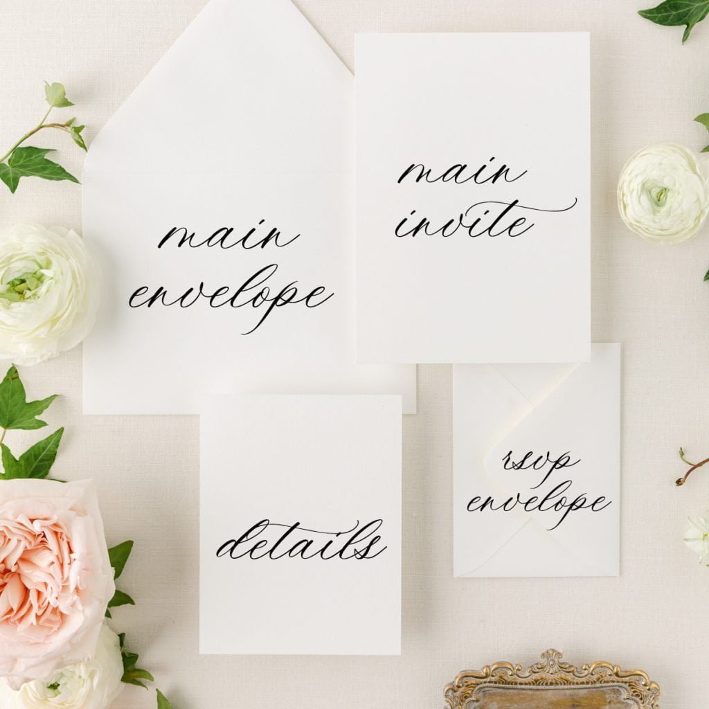 Wedding invitation suite with each card labeled on a white background and florals
