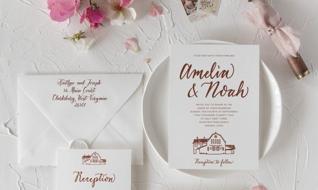 Personalized wedding invitation design with venue sketch and spot calligraphy