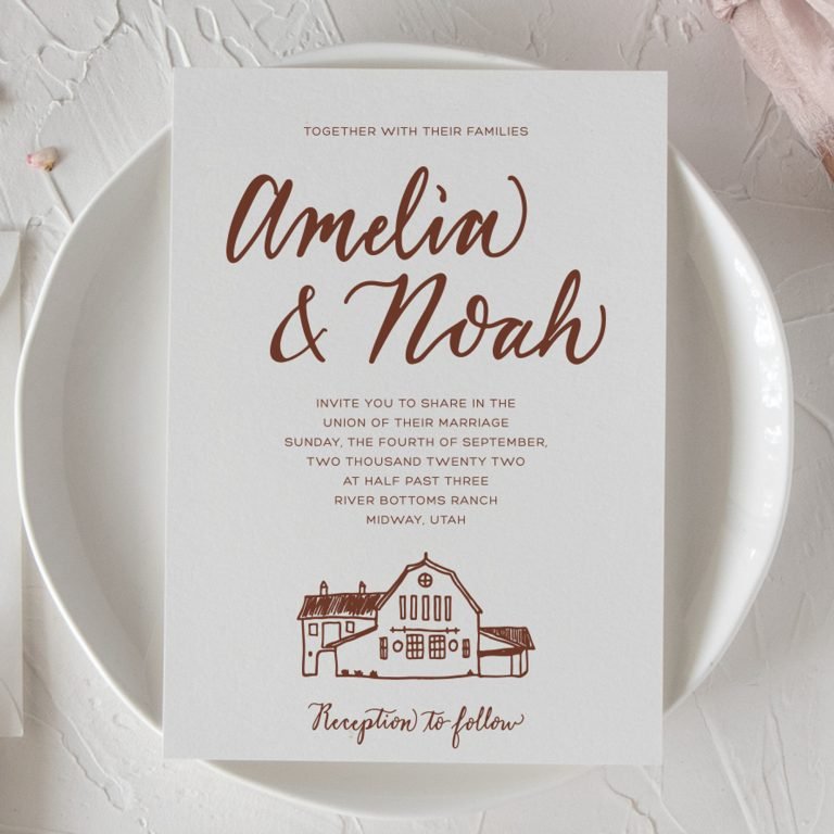 Personalized wedding invitation design with venue sketch and spot calligraphy