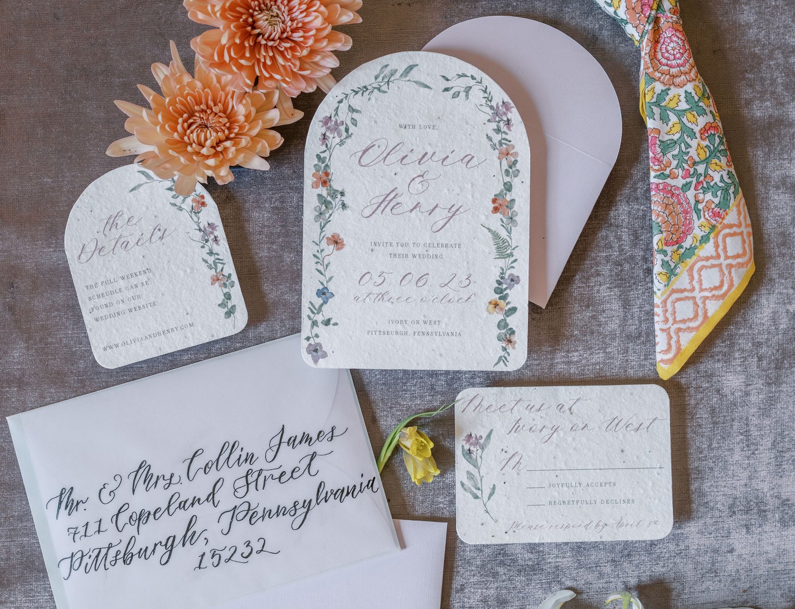 Whimsical garden wedding invitations printed on seed paper and hand done calligraphy addressing