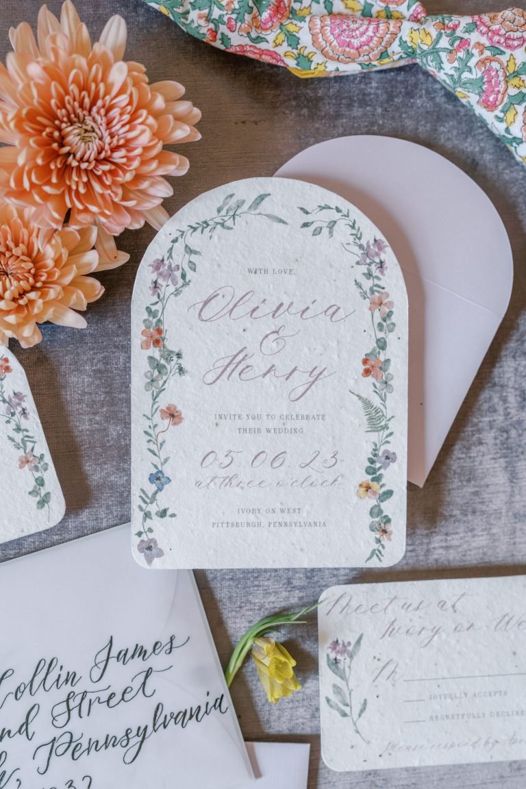 Whimsical garden wedding invitations printed on seed paper and hand done calligraphy addressing