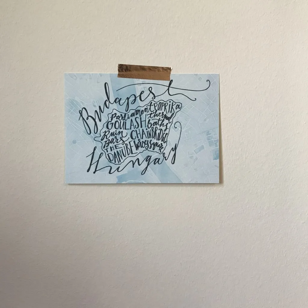 Handlettered drawing of Budapest Hungary map over water color