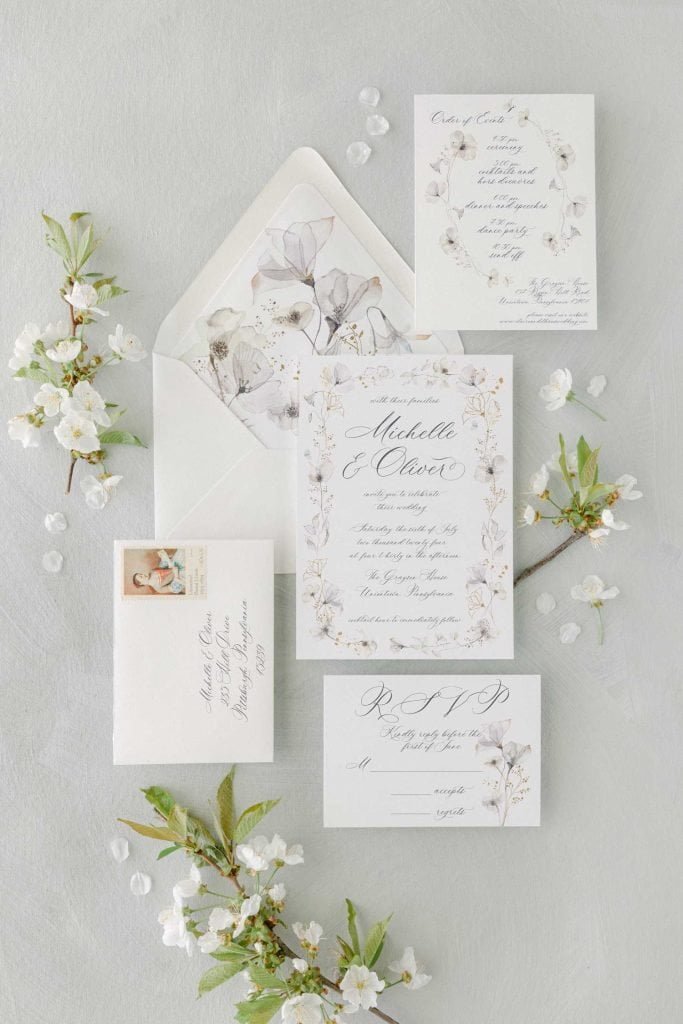 Minimal wedding invitation suite detail with neutral paper and typography