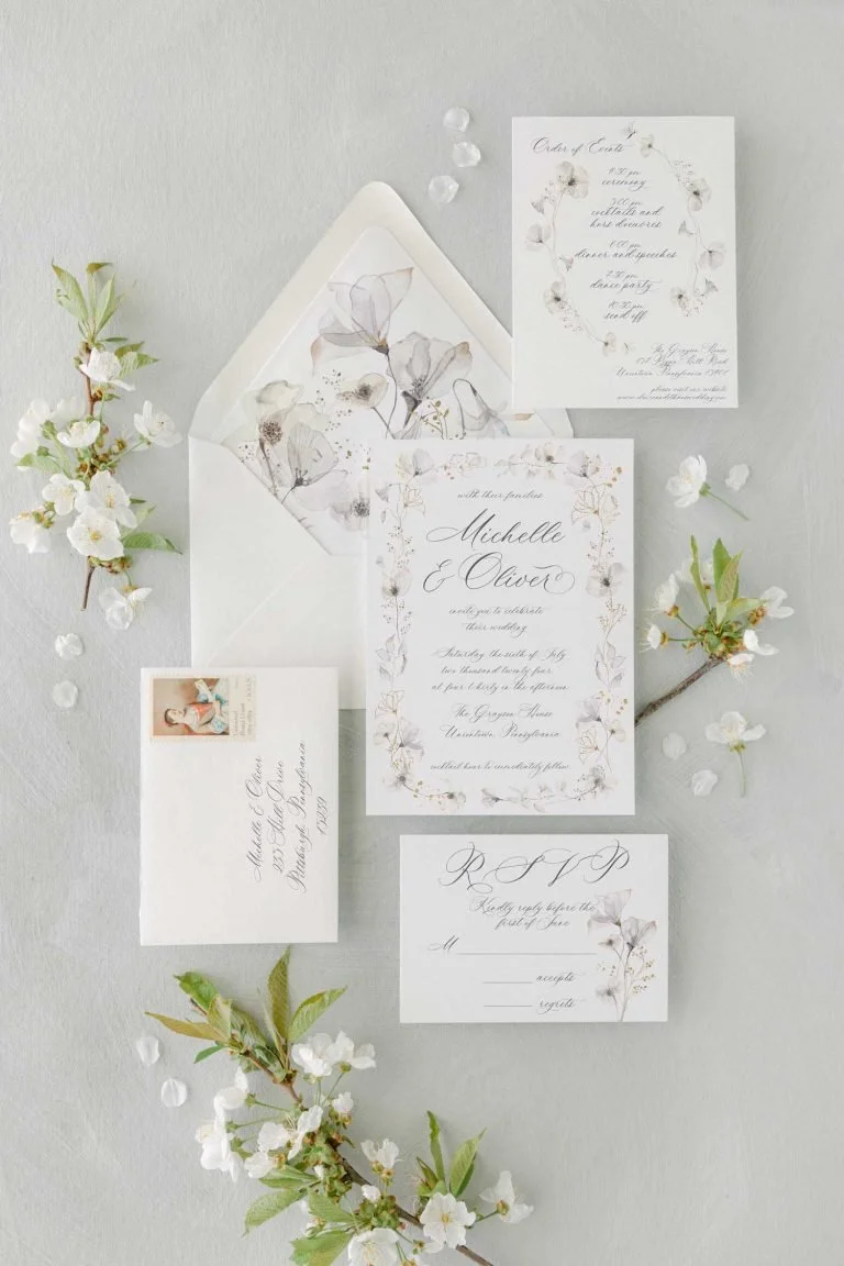 Minimal wedding invitation suite detail with neutral paper and typography