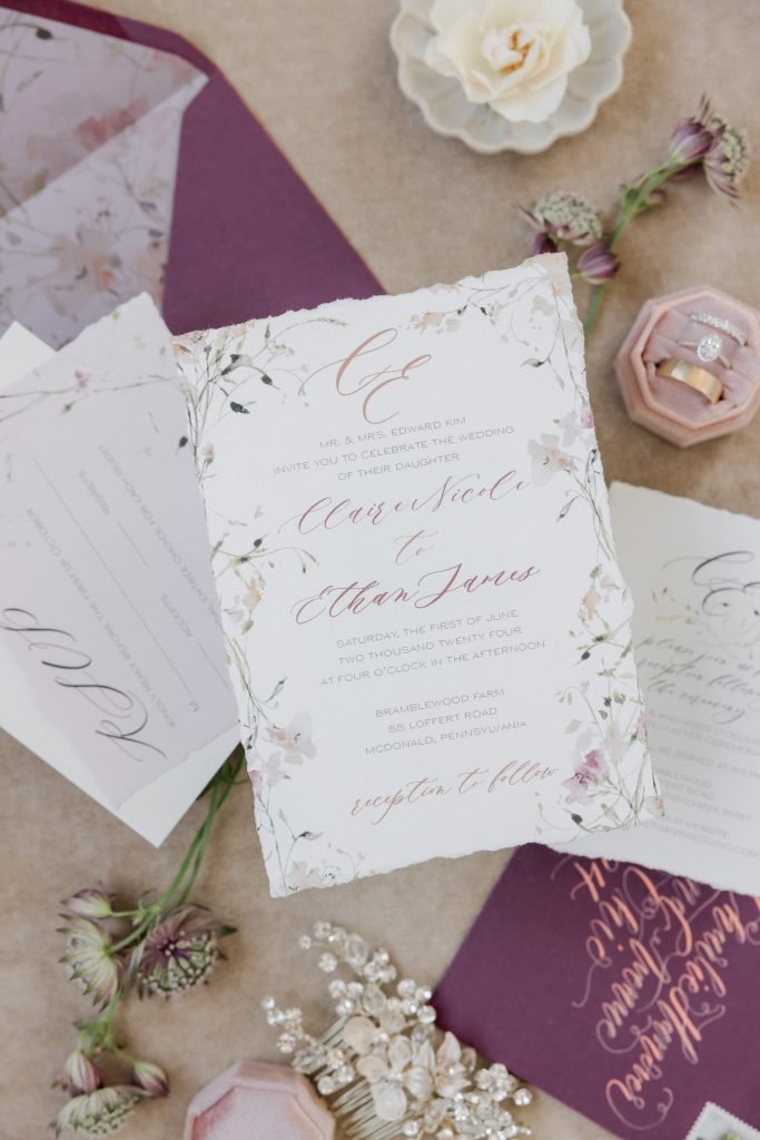 Close-up of wedding invitation showing paper texture and printing detail