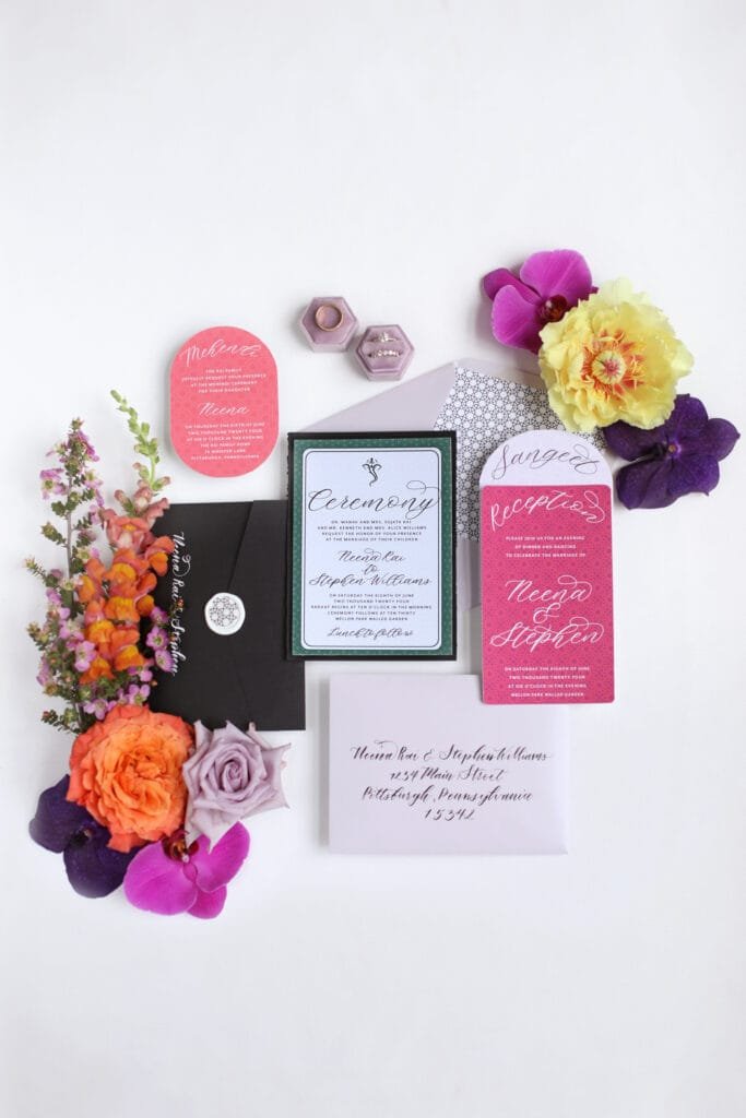 Colorful wedding invitation featuring custom wedding calligraphy