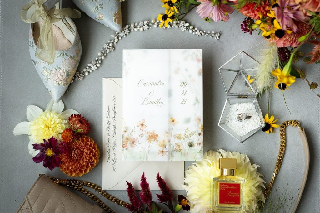 Custom wedding invitation suite featuring personalized typography and layout