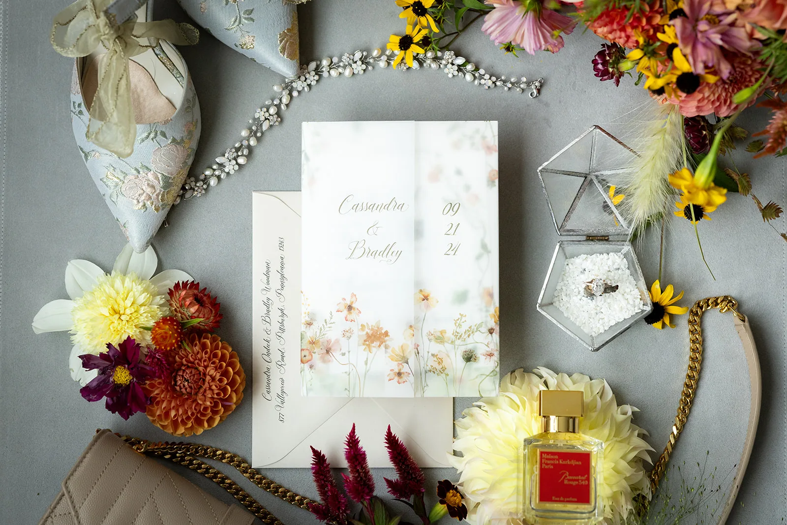 Custom wedding invitation suite featuring personalized typography and layout