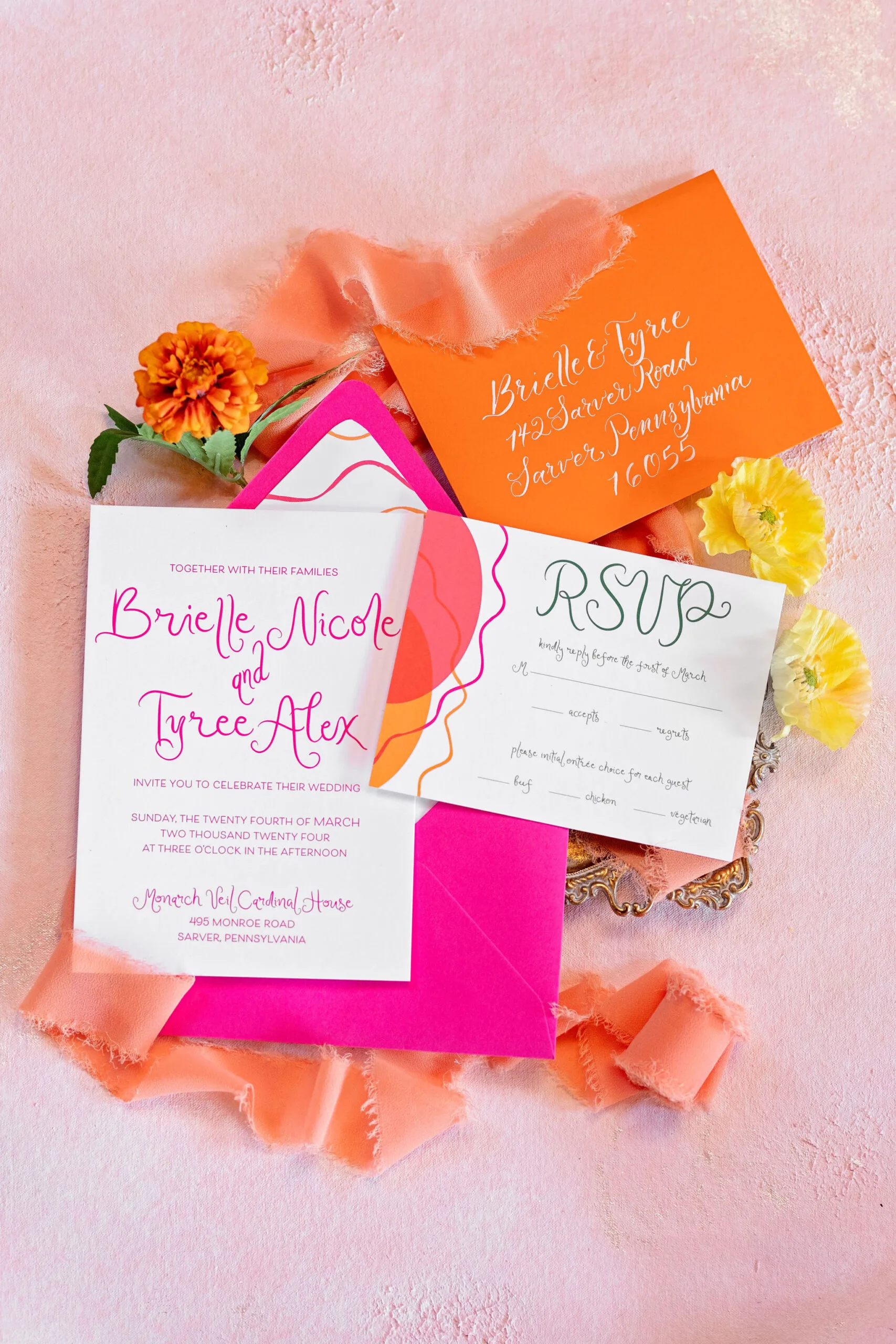 Colorful and minimal wedding invitations suite with elevated paper and bold design