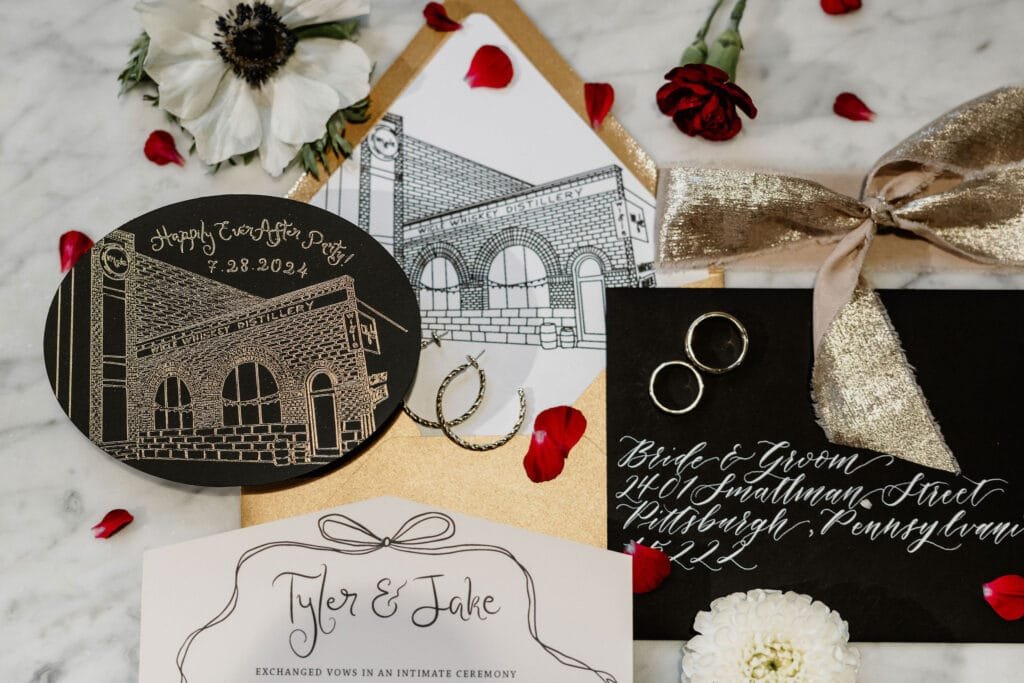 Wedding invitation suite with foil printing, envelope calligraphy, and envelope liner