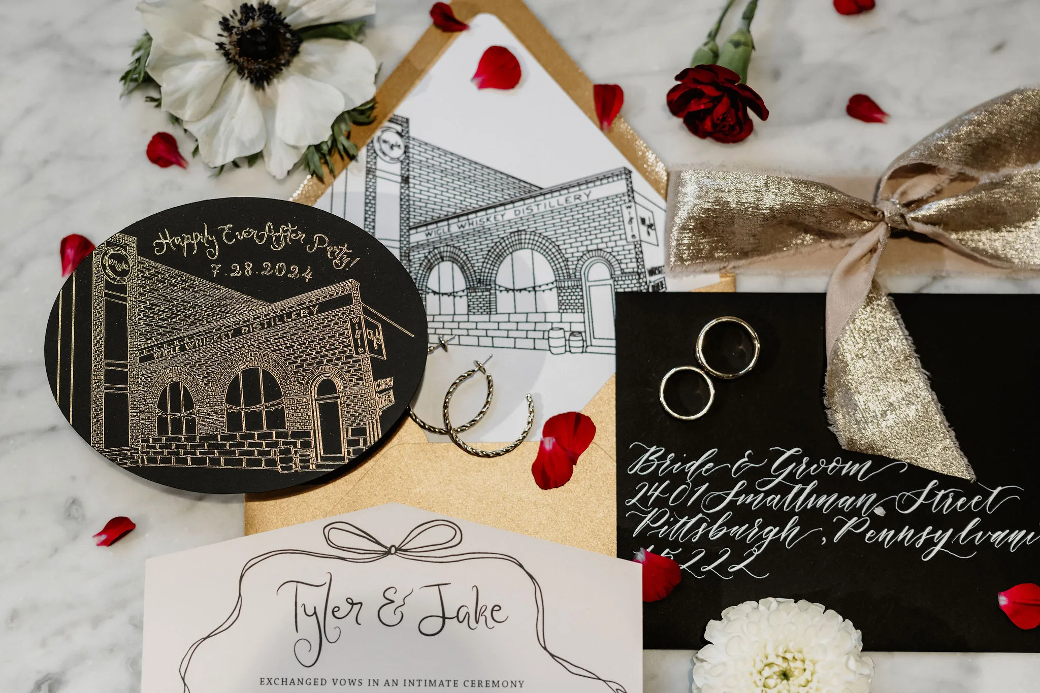 Wedding invitation suite with foil printing, envelope calligraphy, and envelope liner