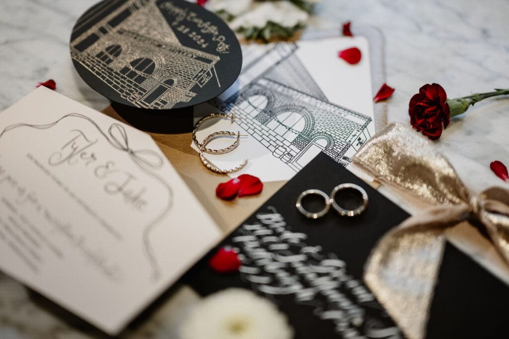 gold wedding calligraphy on black envelopes and foil stamped details on invitations