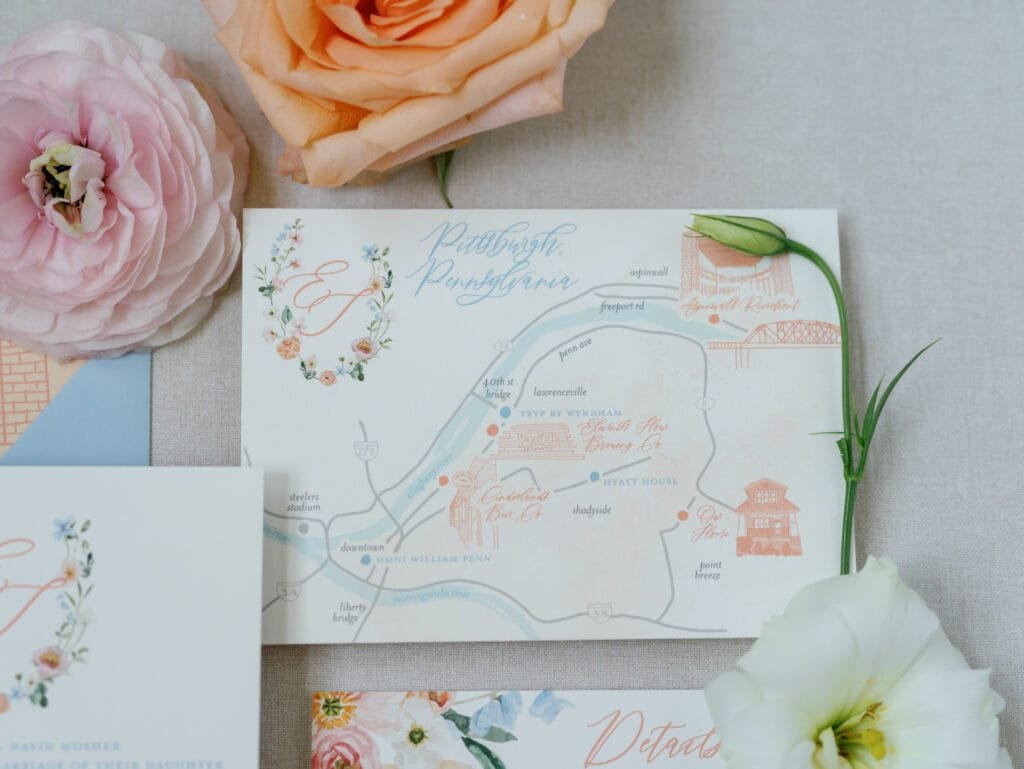 Additional wedding invitation cards including reception and map inserts